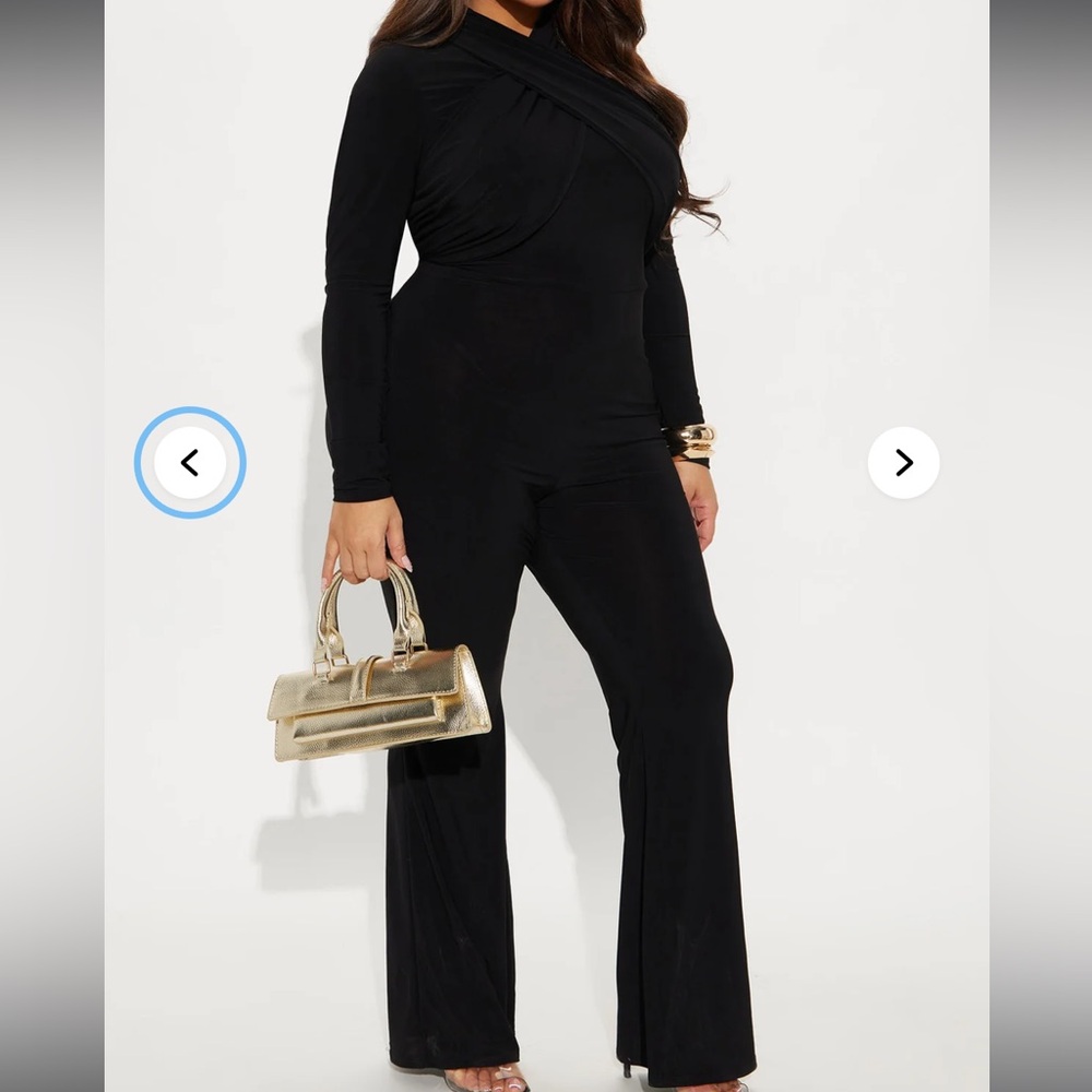 Fashion Nova Black One-Shoulder Long Sleeve Flared Jumpsuit with Wrap Detail